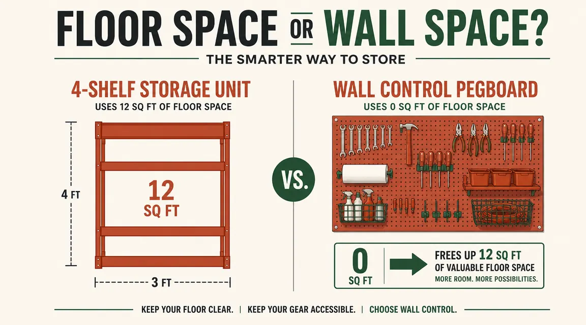 Side-by-side diagram comparing shelf footprint versus wall-mounted pegboard footprint in a two-car garage