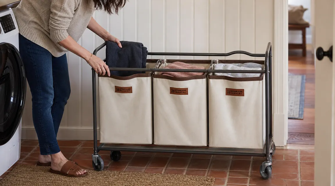 Hand dropping a dark shirt into the correct bin of a rolling laundry sorter cart