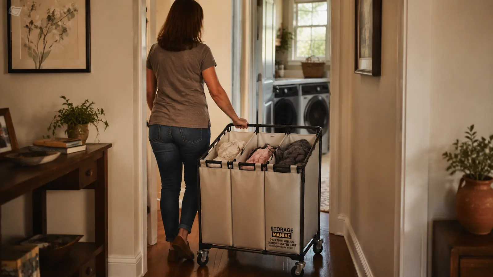 Rolling laundry cart being wheeled from bedroom hallway toward a washing machine
