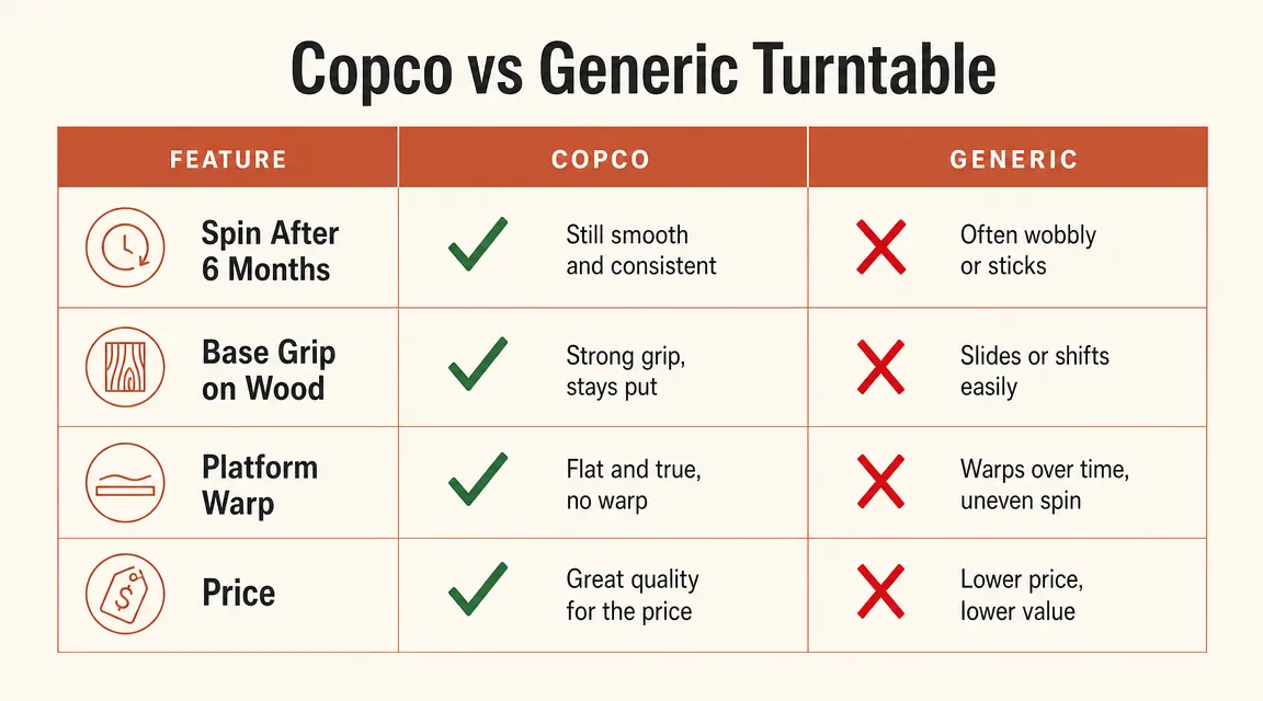 Chart comparing Copco versus cheap no-brand lazy susan on four criteria: spin quality, base grip, platform flatness, and price