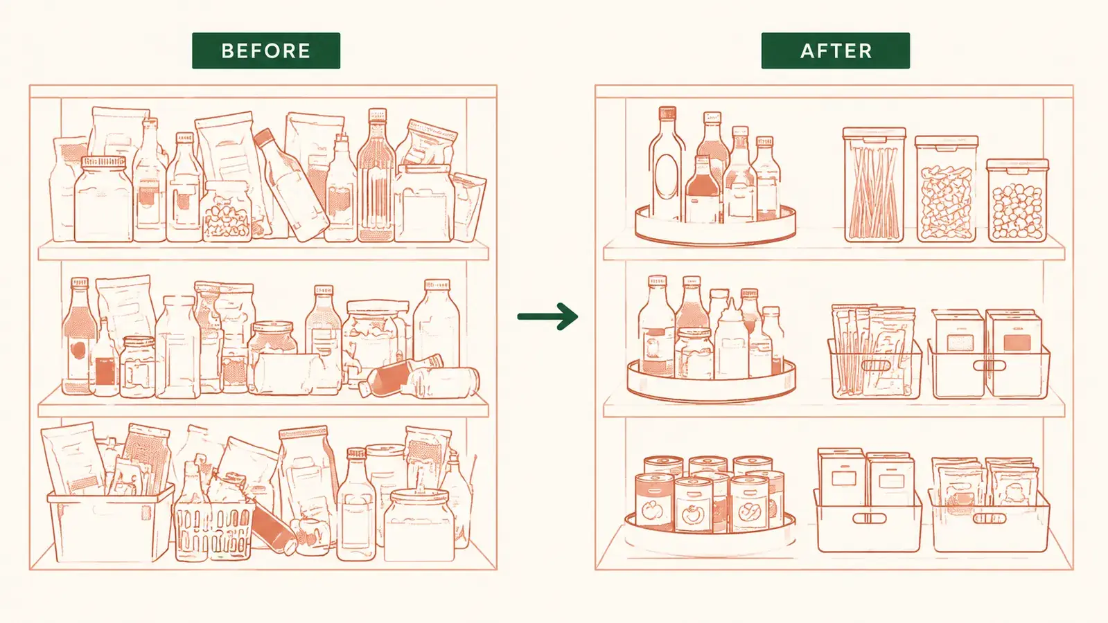 Before and after split showing a cluttered pantry shelf versus the same shelf with a lazy susan installed