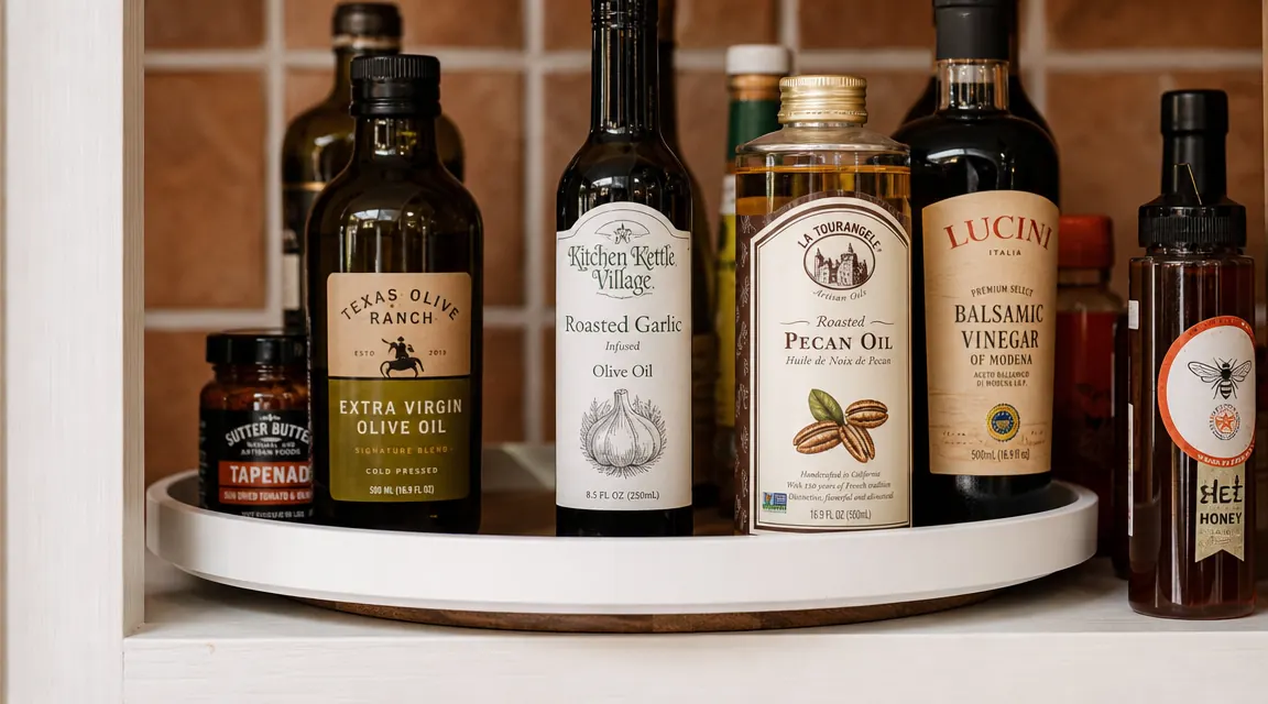 A neatly loaded lazy susan on a pantry shelf with cooking oils, vinegar, and small condiment bottles grouped by type