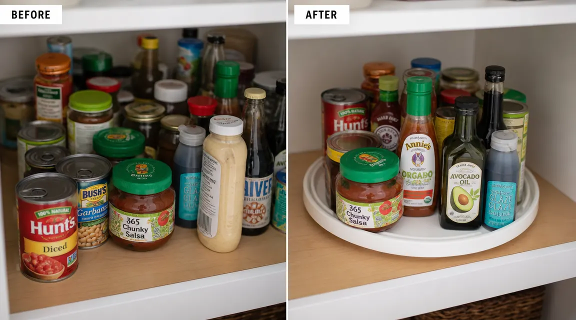 Pantry shelf before and after: cluttered cans and bottles on left, organized items on a lazy susan on right