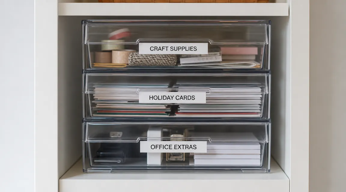Row of clear storage bins with printed DYMO labels: CRAFT SUPPLIES, HOLIDAY CARDS, OFFICE EXTRAS