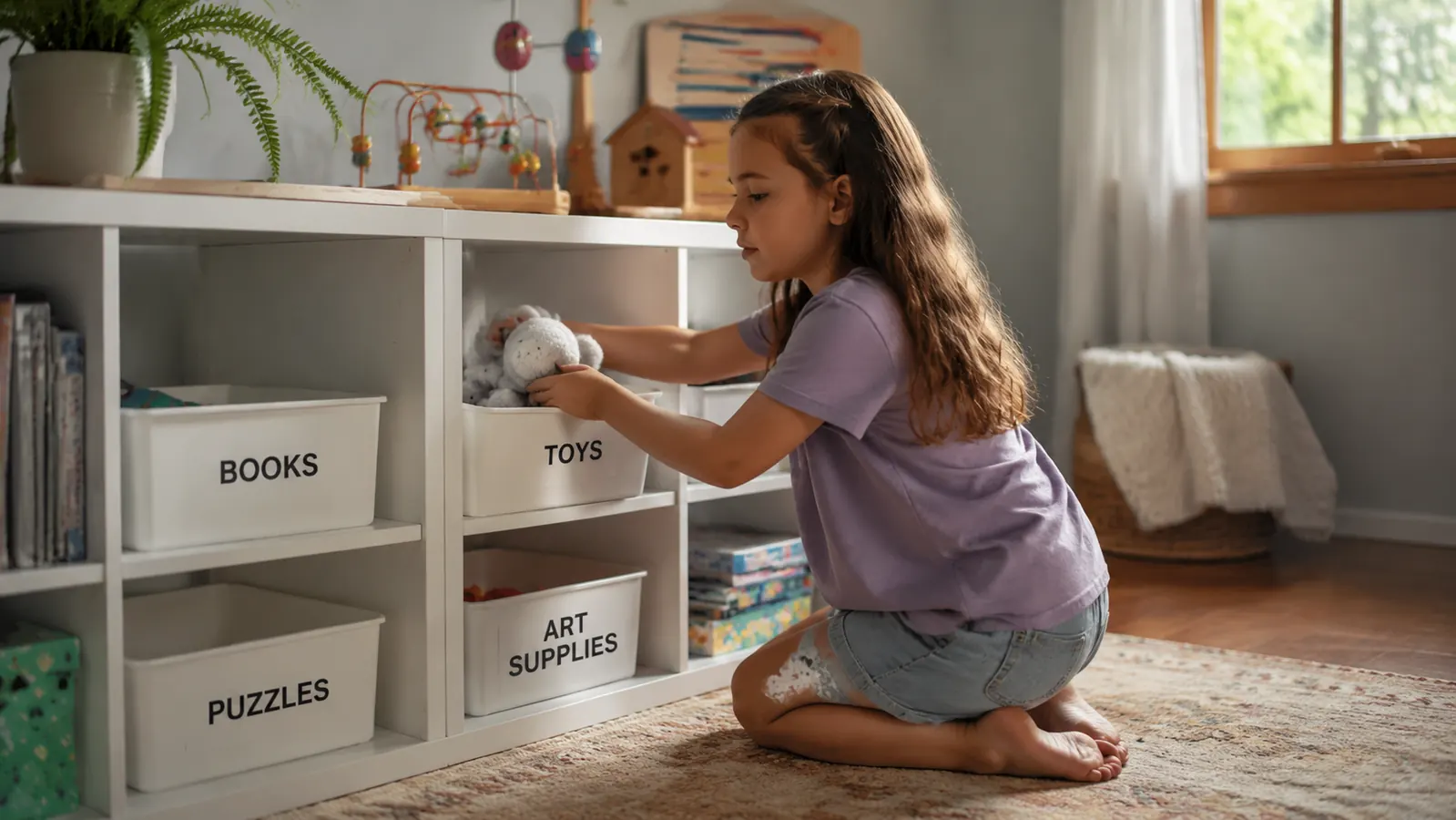 Child placing a toy back into a clearly labeled bin on a playroom shelf