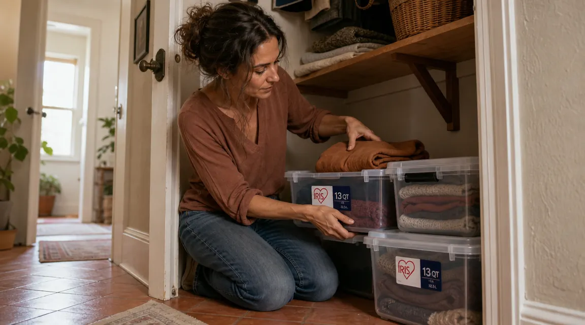 Woman sorting items into IRIS USA latch-lid bins on the floor of a closet