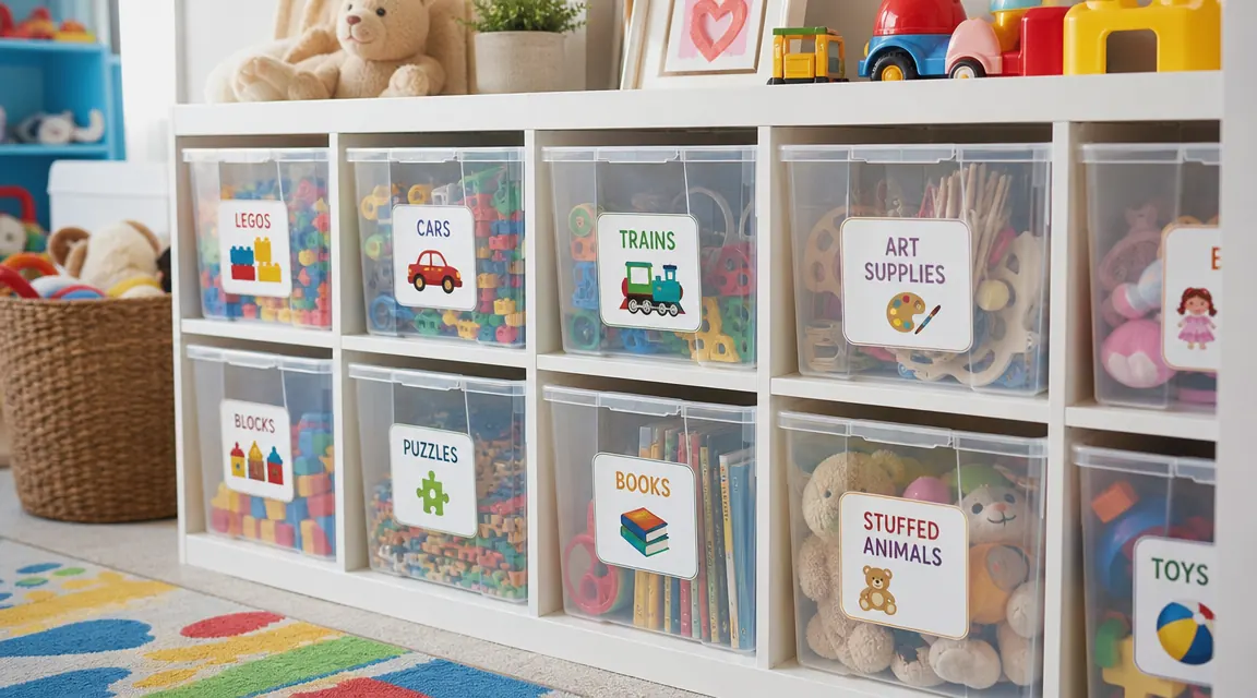 Labeled bins in a kids playroom with toy categories written on each