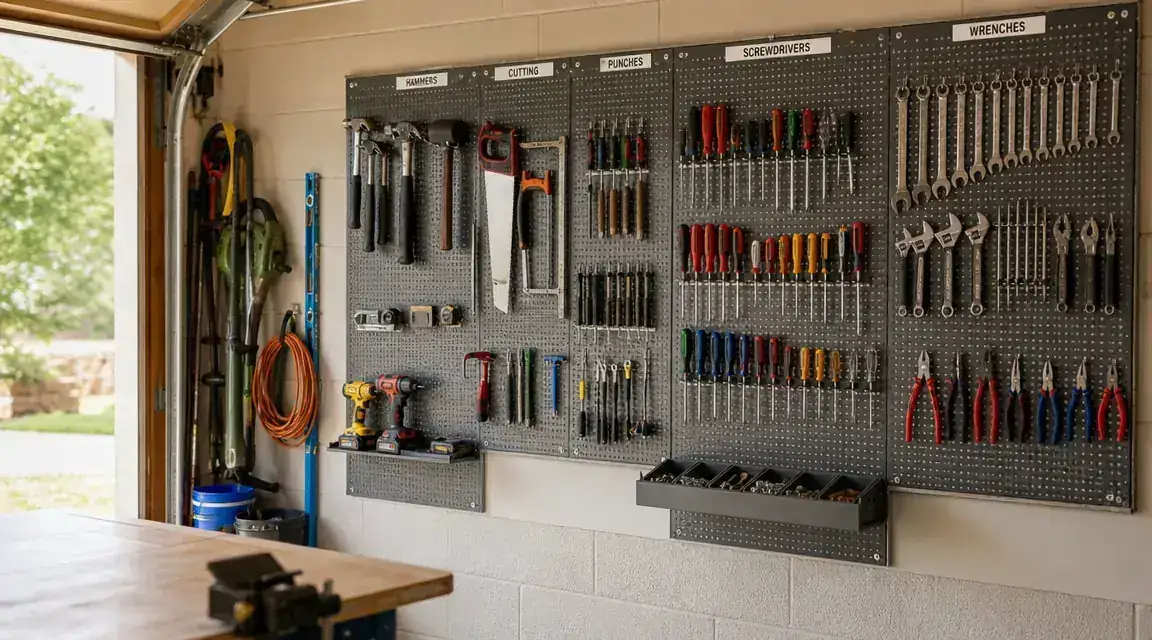 Finished garage pegboard wall with all tools hung in rows, small bins on shelf brackets, and labeled zone sections