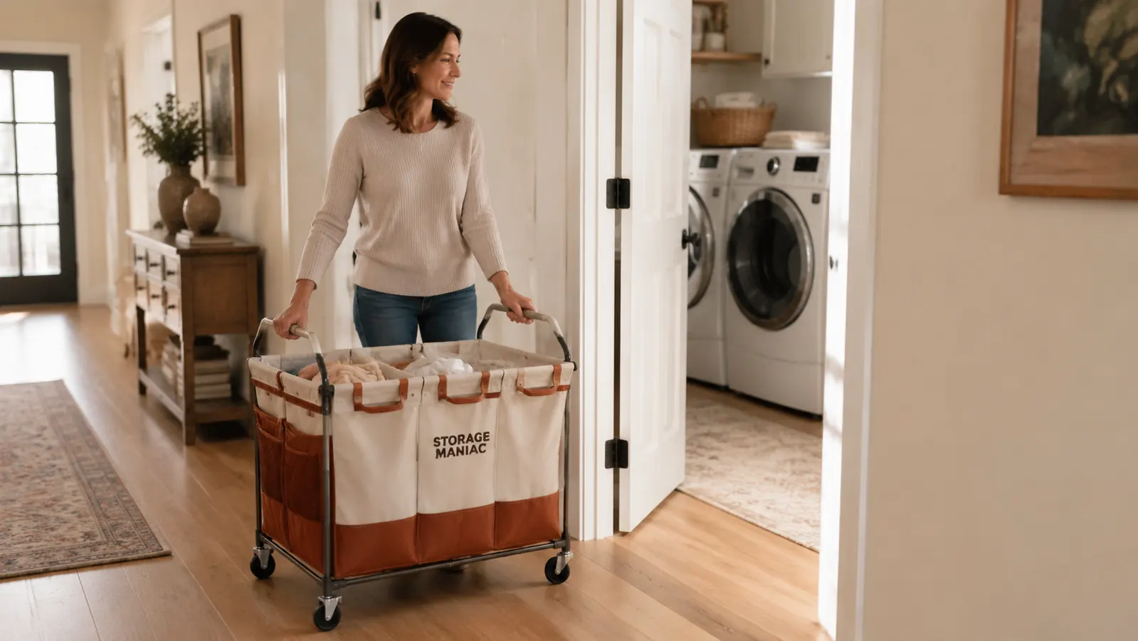 Full laundry sorter cart being rolled from hallway directly to a laundry room, wheels visible on hardwood floor