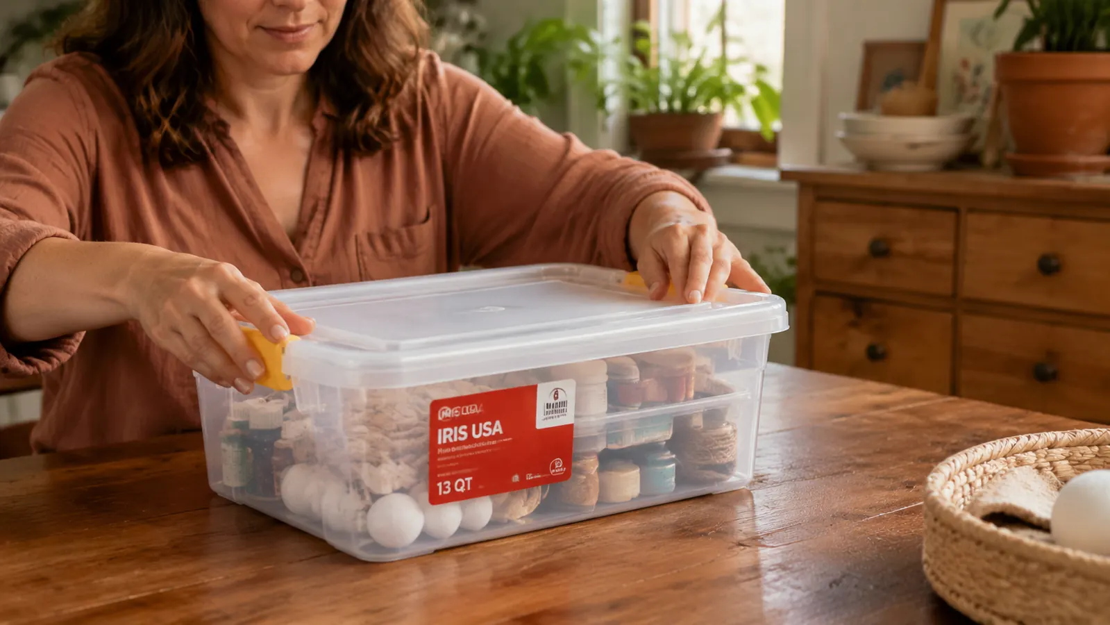 Hands snapping the latch closed on a clear plastic storage bin filled with craft supplies