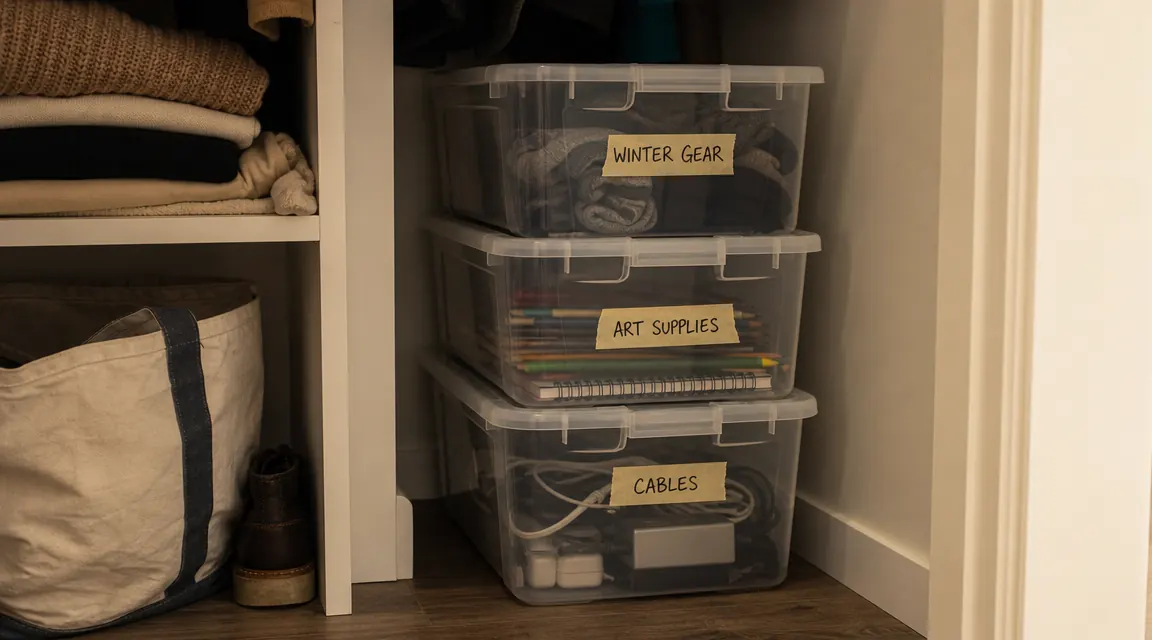 Three stacked IRIS USA bins in a closet corner with handwritten labels on tape across the front