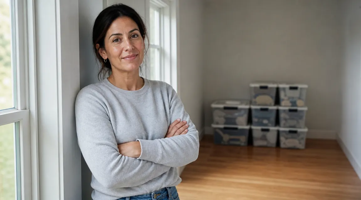 Woman standing in a tidy spare room, smiling, bins stacked behind her along the wall