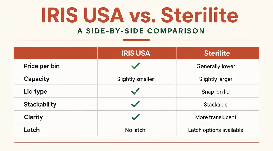 Chart comparing IRIS USA and Sterilite bins across six spec categories with winner indicators