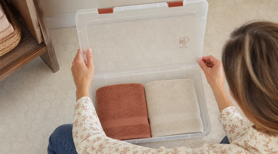 Overhead view of an open IRIS USA bin showing a single layer of folded hand towels fitting flat across the interior