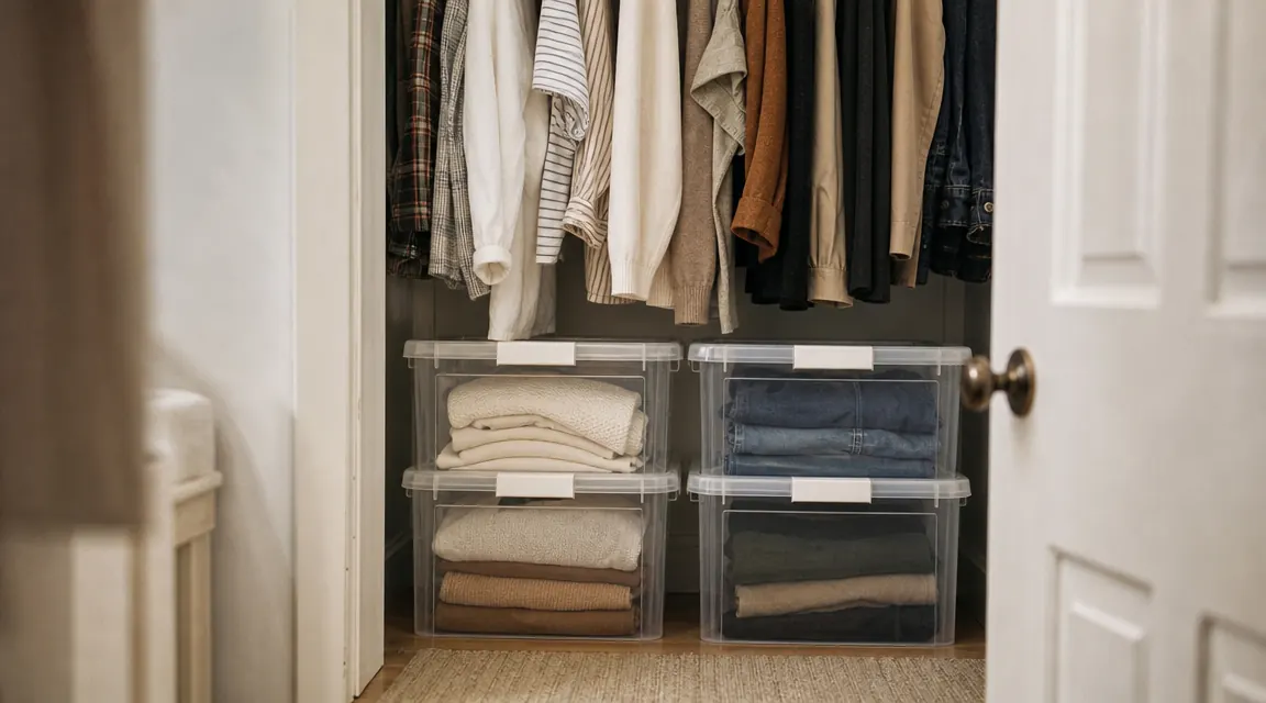 Four IRIS USA bins stacked two-by-two in a bedroom closet beside hanging clothes