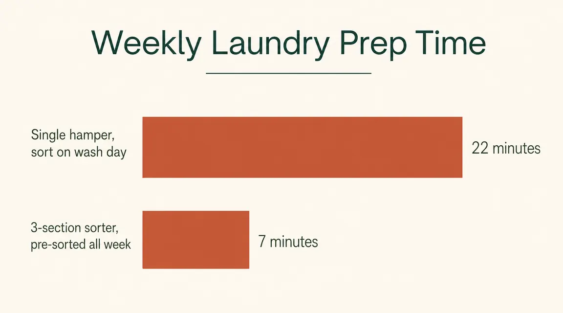 Chart comparing weekly laundry prep time with a three-section sorter versus a single hamper