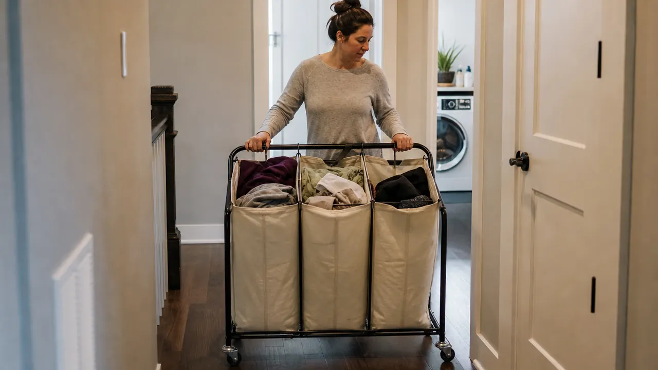 Person rolling the STORAGE MANIAC laundry cart from a bedroom hallway toward a washer, bags already filled and sorted