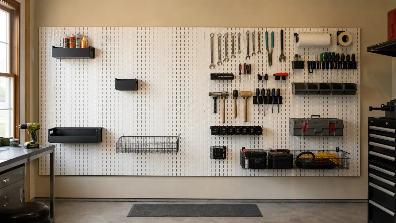Garage pegboard wall loaded with tools, highlighting the gap between the included starter hooks and a fully stocked hook layout