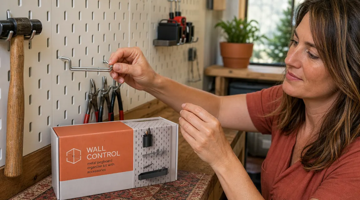 Close-up of a Wall Control metal pegboard hook seated securely in its locking slot with a wrench hanging on it